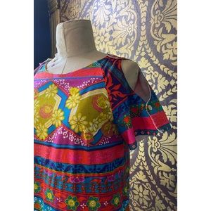 60s/70s Barkcloth Full Length Dress | Honeycomb Floral | Small/Medium